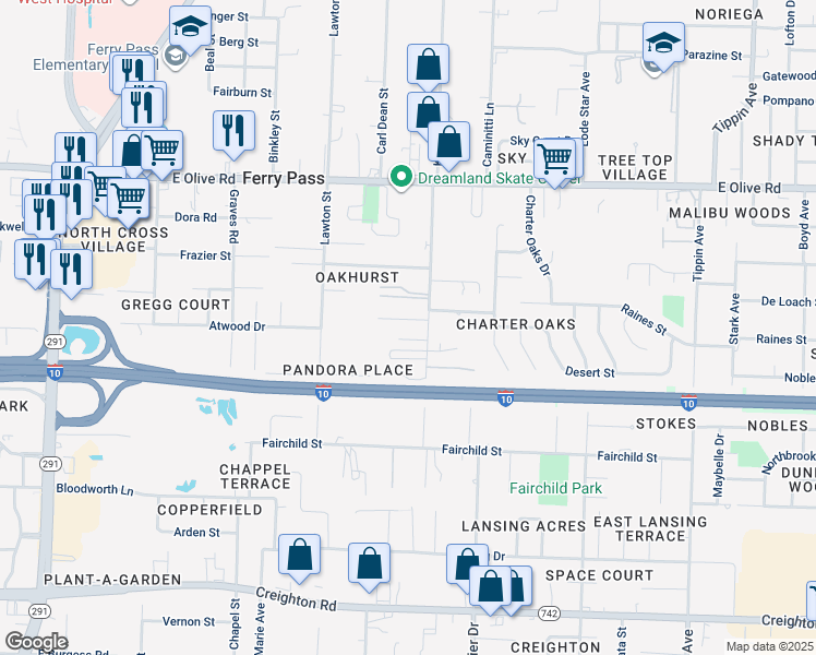 map of restaurants, bars, coffee shops, grocery stores, and more near 7710 Kipling Street in Pensacola