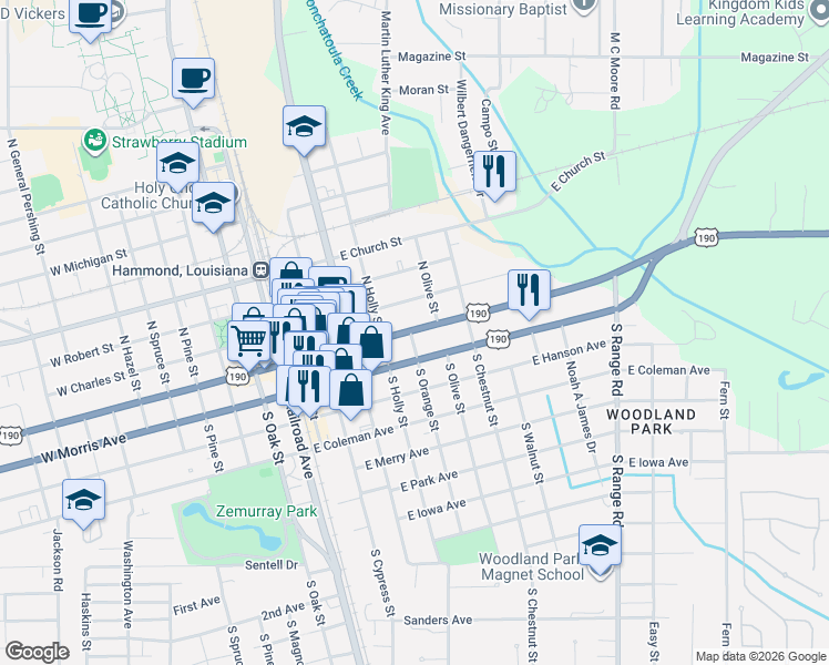 map of restaurants, bars, coffee shops, grocery stores, and more near 600 East Thomas Street in Hammond