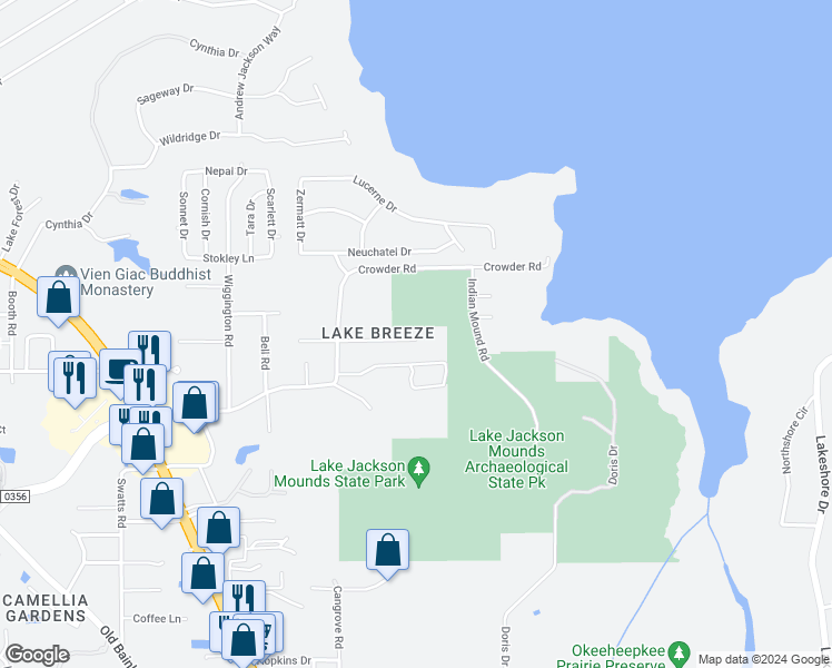 map of restaurants, bars, coffee shops, grocery stores, and more near 2194 Shangri La Lane in Tallahassee
