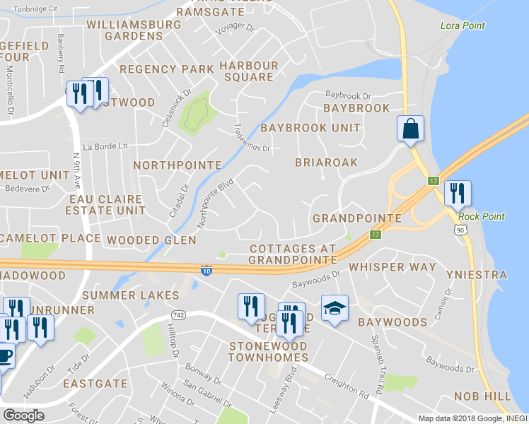 map of restaurants, bars, coffee shops, grocery stores, and more near 7644 Northpointe Boulevard in Pensacola