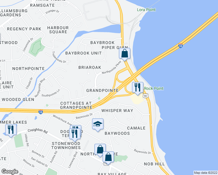map of restaurants, bars, coffee shops, grocery stores, and more near 4344 Grandpointe Place in Pensacola