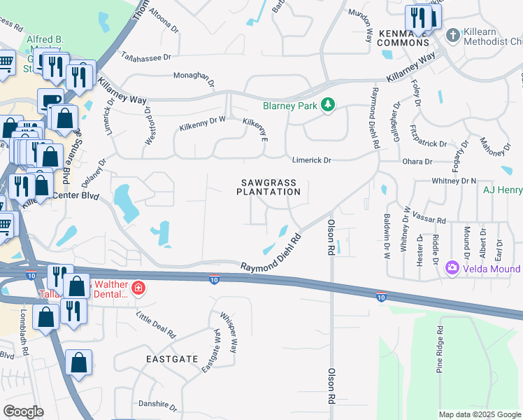 map of restaurants, bars, coffee shops, grocery stores, and more near 2836 Saw Palmetto Lane in Tallahassee