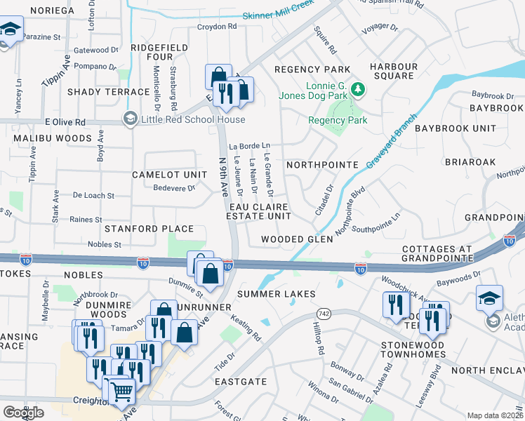 map of restaurants, bars, coffee shops, grocery stores, and more near 7740 Le Grande Drive in Pensacola