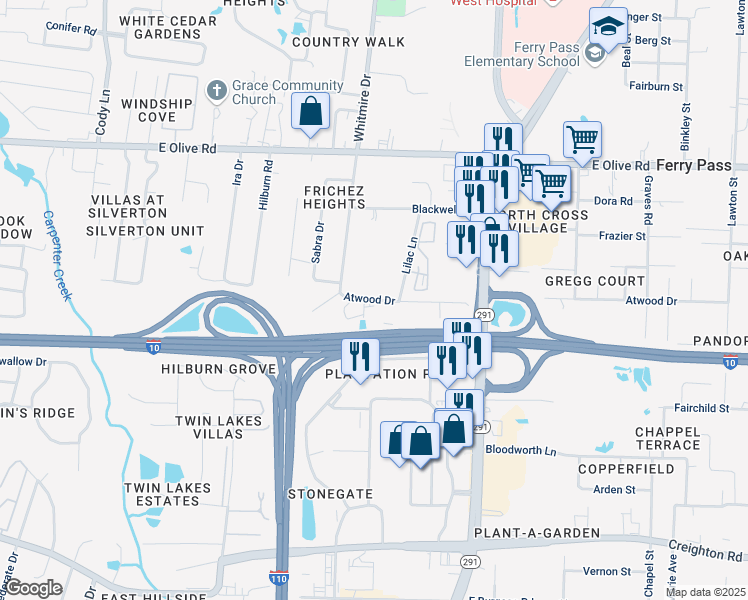 map of restaurants, bars, coffee shops, grocery stores, and more near 1616 Atwood Drive in Pensacola