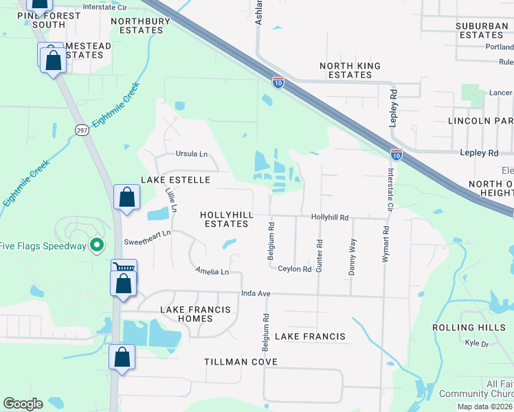 map of restaurants, bars, coffee shops, grocery stores, and more near 2120 Hollyhill Road in Pensacola