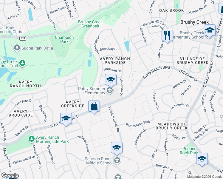 map of restaurants, bars, coffee shops, grocery stores, and more near 16200 Avery Ranch Boulevard in Austin
