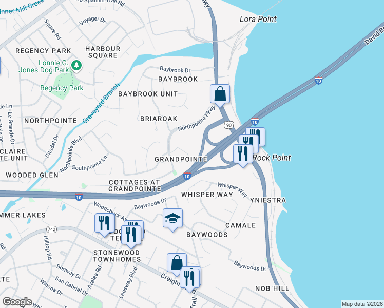 map of restaurants, bars, coffee shops, grocery stores, and more near 4344 Grandpointe Place in Pensacola