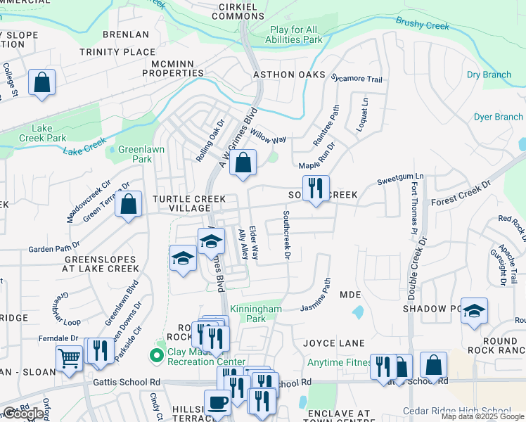 map of restaurants, bars, coffee shops, grocery stores, and more near 2007 Logan Street in Round Rock
