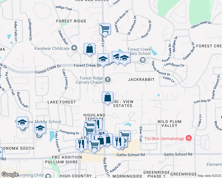 map of restaurants, bars, coffee shops, grocery stores, and more near 1551 Red Bud Lane in Round Rock