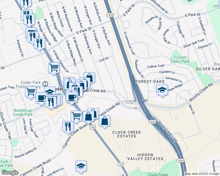 map of restaurants, bars, coffee shops, grocery stores, and more near 503 Brushy Creek Road in Cedar Park