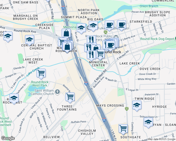 map of restaurants, bars, coffee shops, grocery stores, and more near 541 North Interstate Highway 35 in Round Rock
