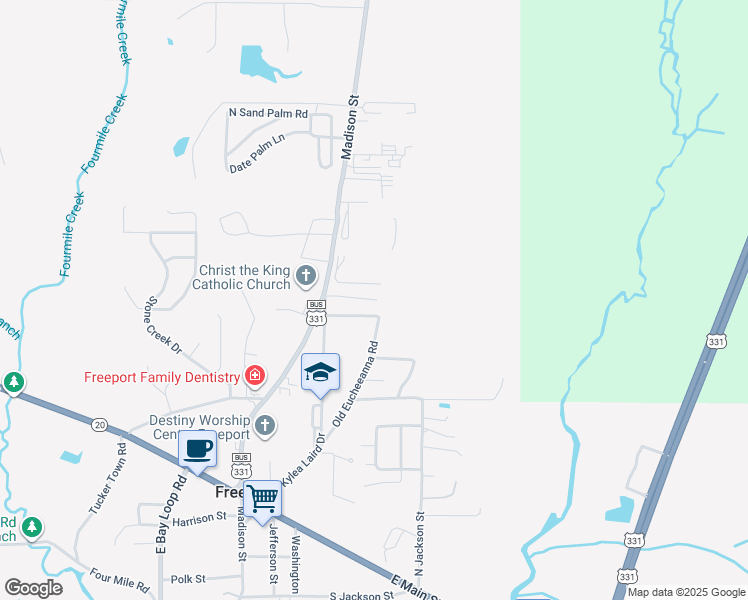 map of restaurants, bars, coffee shops, grocery stores, and more near 117 Azalea Dr in Freeport