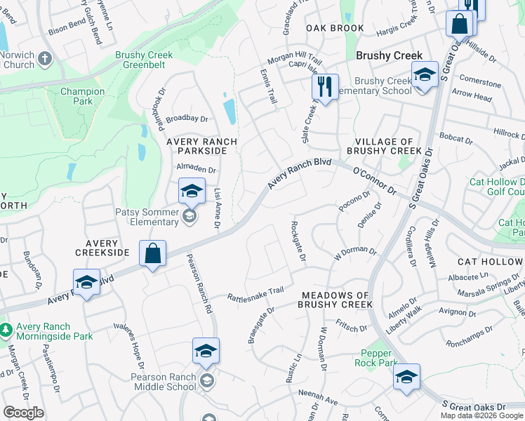 map of restaurants, bars, coffee shops, grocery stores, and more near 9433 Meyrick Park Trail in Austin