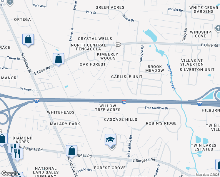 map of restaurants, bars, coffee shops, grocery stores, and more near 400 Cornwall Circle in Pensacola