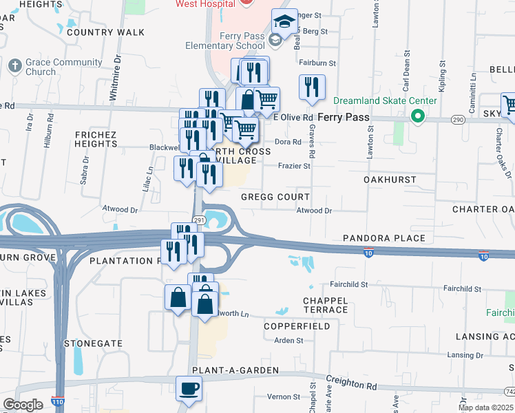 map of restaurants, bars, coffee shops, grocery stores, and more near 2090 Atwood Drive in Pensacola