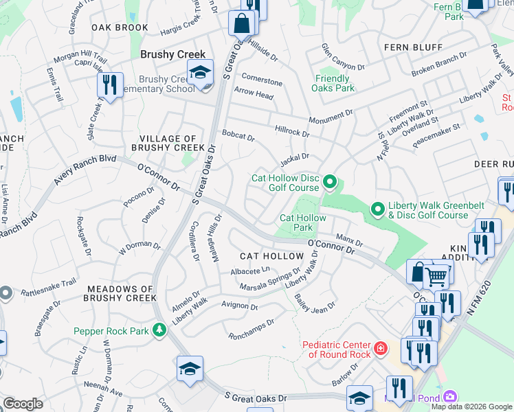 map of restaurants, bars, coffee shops, grocery stores, and more near 16800 Dorman Drive in Round Rock