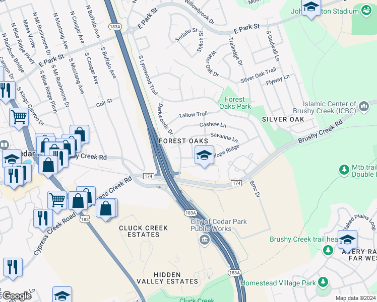 map of restaurants, bars, coffee shops, grocery stores, and more near 707 Jagged Rock in Cedar Park