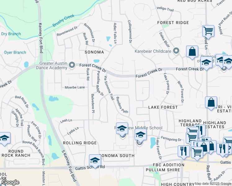 map of restaurants, bars, coffee shops, grocery stores, and more near 2245 Buena Vista Lane in Round Rock