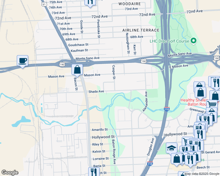 map of restaurants, bars, coffee shops, grocery stores, and more near 2403 Shada Avenue in Baton Rouge