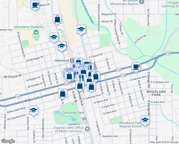 map of restaurants, bars, coffee shops, grocery stores, and more near 222 East Charles Street in Hammond