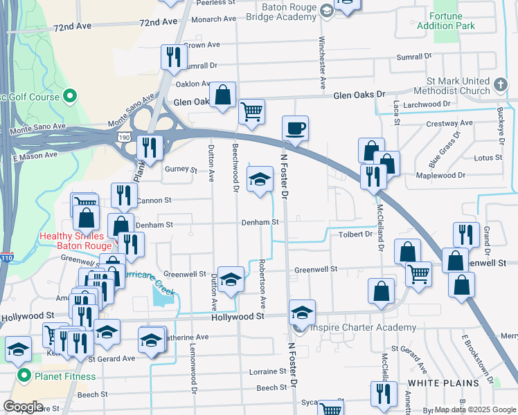 map of restaurants, bars, coffee shops, grocery stores, and more near 4707 Denham Street in Baton Rouge