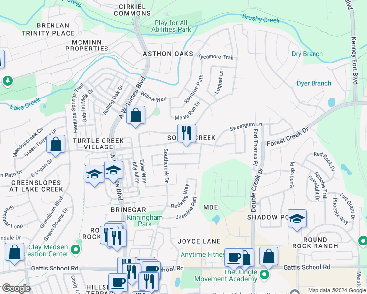 map of restaurants, bars, coffee shops, grocery stores, and more near 2116 Boxwood Path in Round Rock