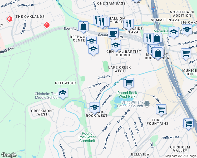 map of restaurants, bars, coffee shops, grocery stores, and more near 1305 Glenda Drive in Round Rock