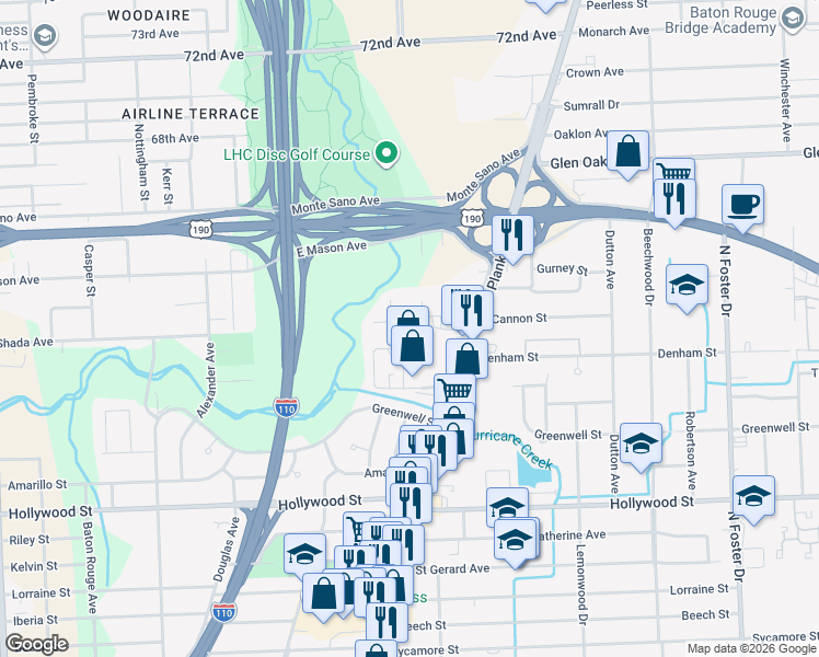map of restaurants, bars, coffee shops, grocery stores, and more near 6085 Smiley Street in Baton Rouge