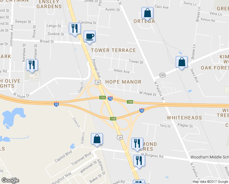 map of restaurants, bars, coffee shops, grocery stores, and more near 300 West Hope Drive in Pensacola