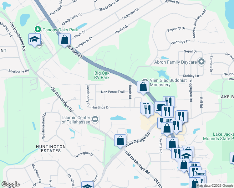 map of restaurants, bars, coffee shops, grocery stores, and more near 2625 Nez Perce Trail in Tallahassee