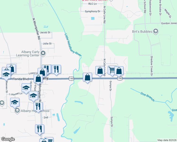 map of restaurants, bars, coffee shops, grocery stores, and more near 30621 Raney Road in Albany