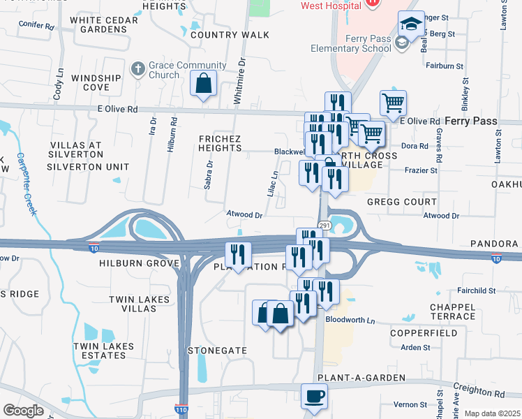 map of restaurants, bars, coffee shops, grocery stores, and more near 1636 Atwood Drive in Pensacola