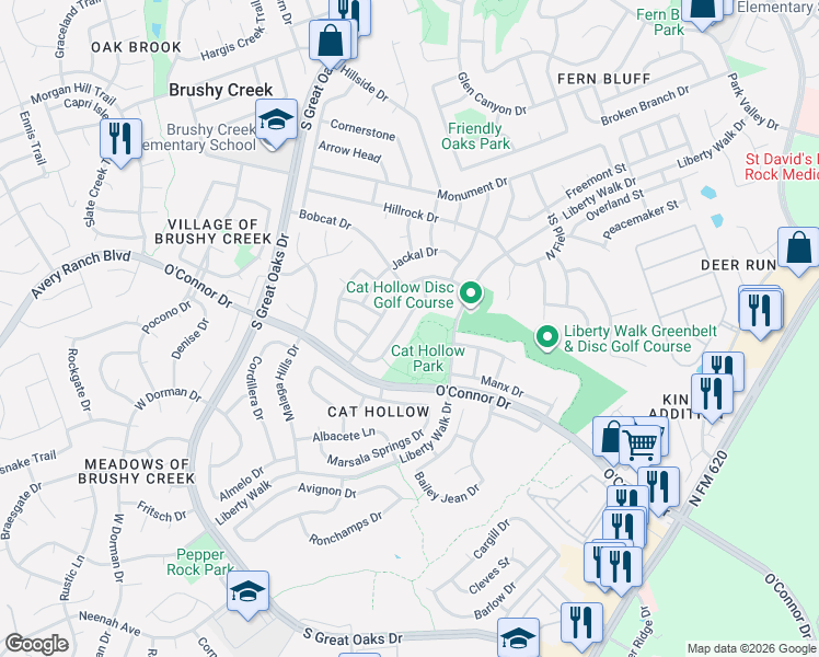 map of restaurants, bars, coffee shops, grocery stores, and more near 16813 Sabertooth Drive in Round Rock