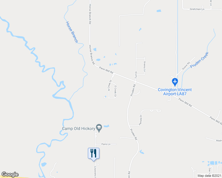 map of restaurants, bars, coffee shops, grocery stores, and more near 1341 North Creek Drive in Covington