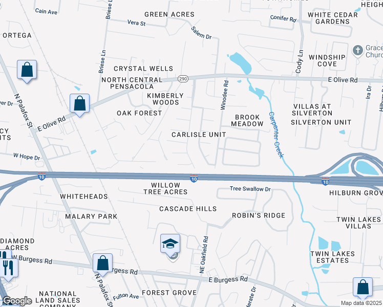 map of restaurants, bars, coffee shops, grocery stores, and more near 7727 Coronet Drive in Pensacola