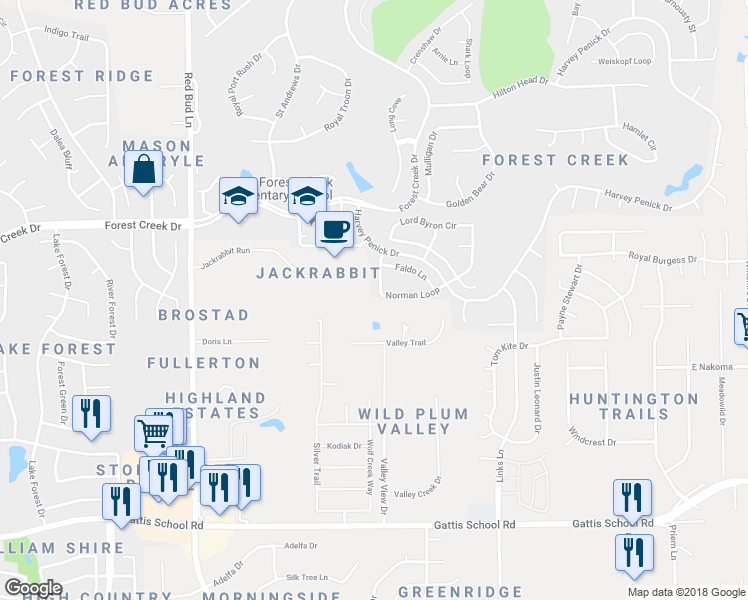 map of restaurants, bars, coffee shops, grocery stores, and more near 3724 Norman Loop in Round Rock