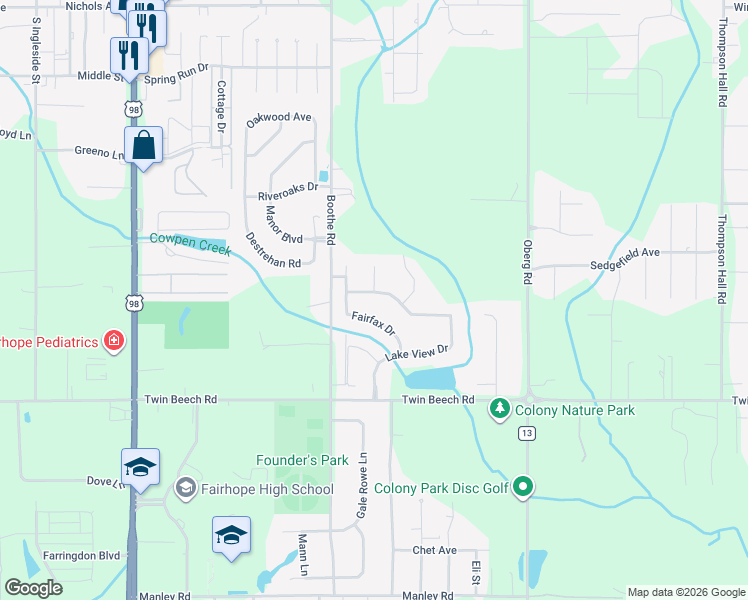 map of restaurants, bars, coffee shops, grocery stores, and more near 9101 Lake View Drive in Fairhope
