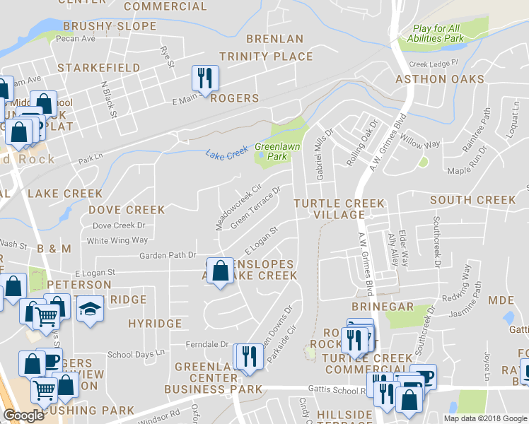 map of restaurants, bars, coffee shops, grocery stores, and more near 1402 Garden Path Drive in Round Rock