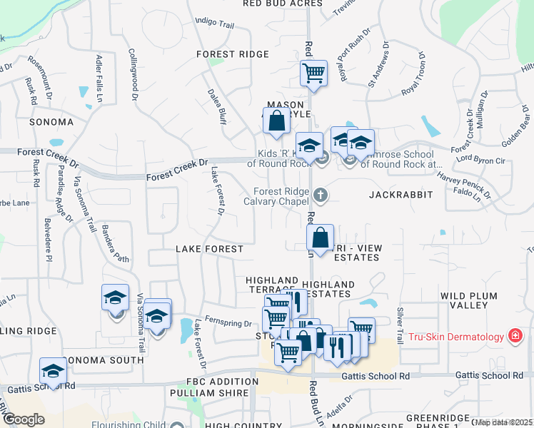 map of restaurants, bars, coffee shops, grocery stores, and more near 3008 Rock Rose Place in Round Rock