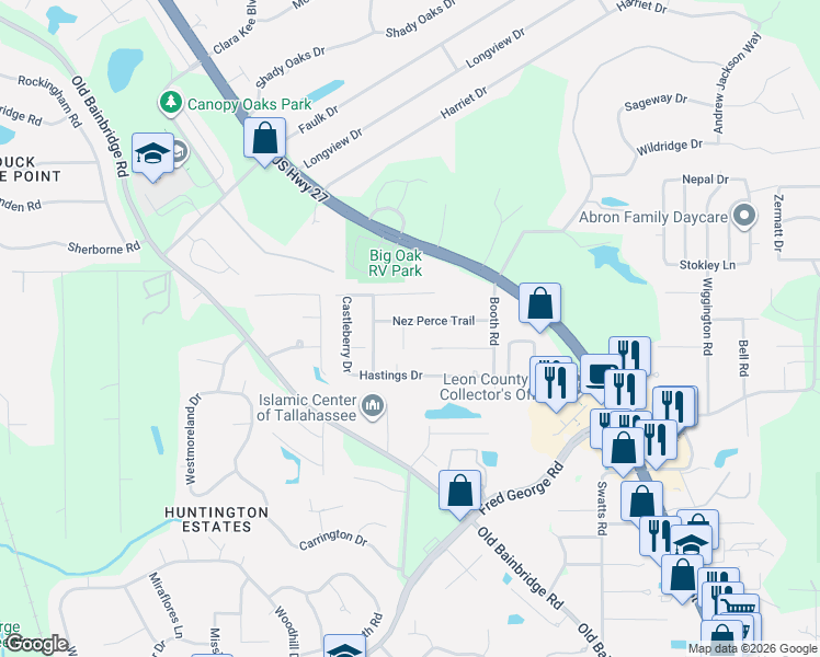 map of restaurants, bars, coffee shops, grocery stores, and more near 2649 Nez Perce Trail in Tallahassee