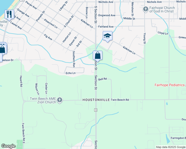 map of restaurants, bars, coffee shops, grocery stores, and more near Section Street in Fairhope