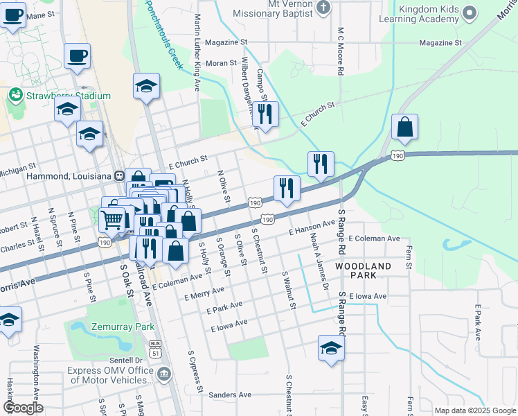map of restaurants, bars, coffee shops, grocery stores, and more near 800 East Thomas Street in Hammond
