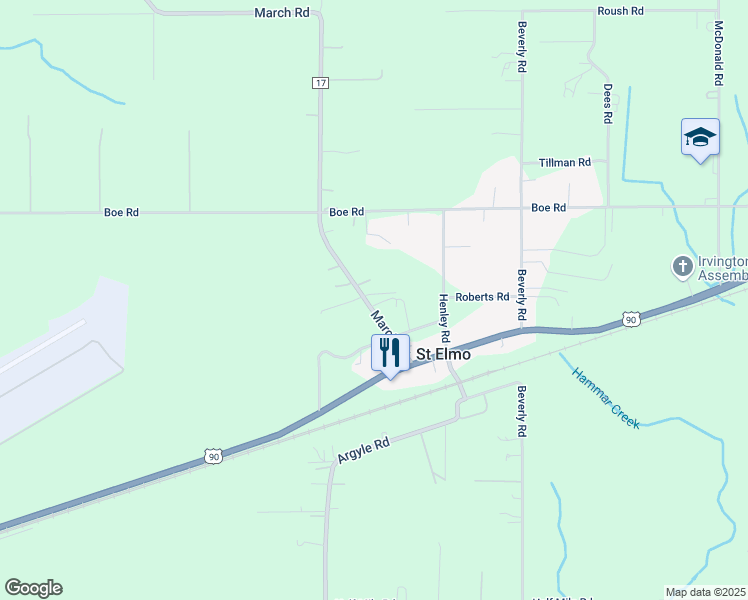 map of restaurants, bars, coffee shops, grocery stores, and more near 8901 March Road in Irvington