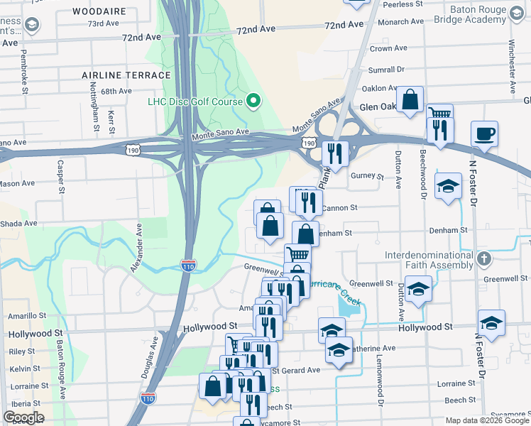 map of restaurants, bars, coffee shops, grocery stores, and more near 6085 Smiley Street in Baton Rouge