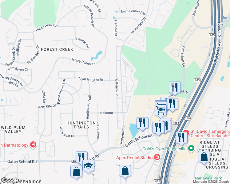 map of restaurants, bars, coffee shops, grocery stores, and more near 521 Wiltshire Drive in Hutto