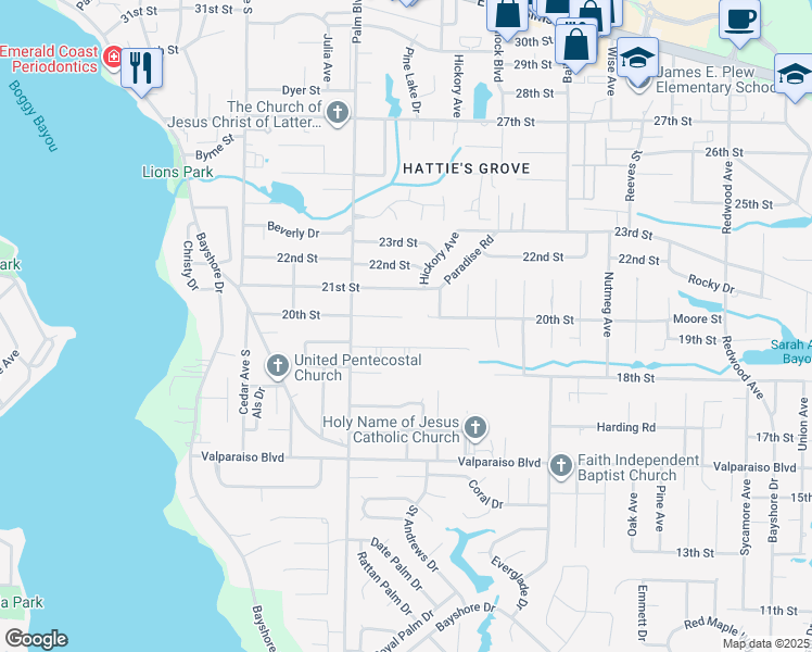 map of restaurants, bars, coffee shops, grocery stores, and more near 314 Riley Road in Niceville