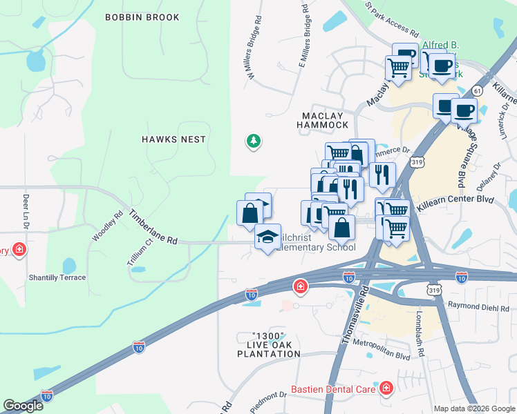 map of restaurants, bars, coffee shops, grocery stores, and more near 2780 Palafox Lane in Tallahassee