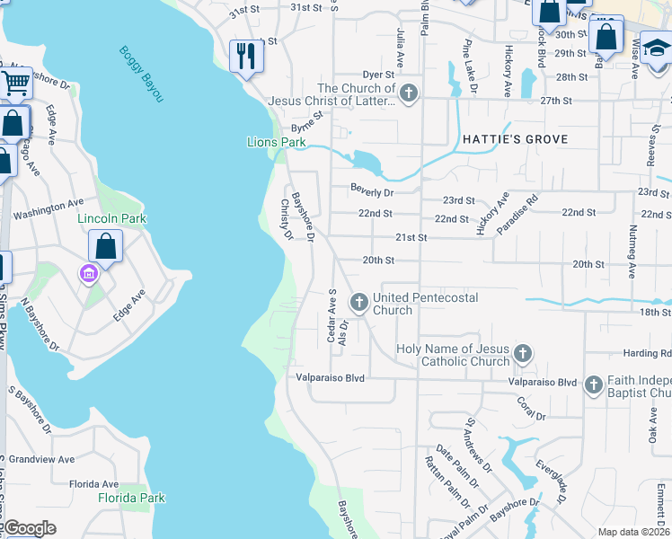 map of restaurants, bars, coffee shops, grocery stores, and more near 1110a Cedar Avenue South in Niceville
