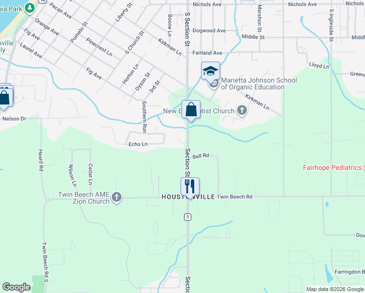map of restaurants, bars, coffee shops, grocery stores, and more near Section Street in Fairhope