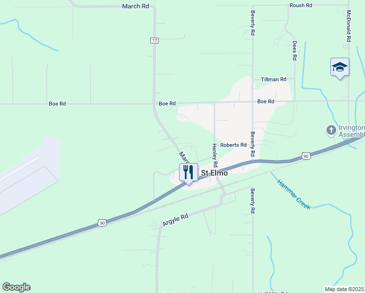 map of restaurants, bars, coffee shops, grocery stores, and more near 8901 March Road in Irvington